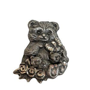 Vintage Brooch Earring Post Pierced Set Teddy Bears Torino Style 1.5" Pewter?